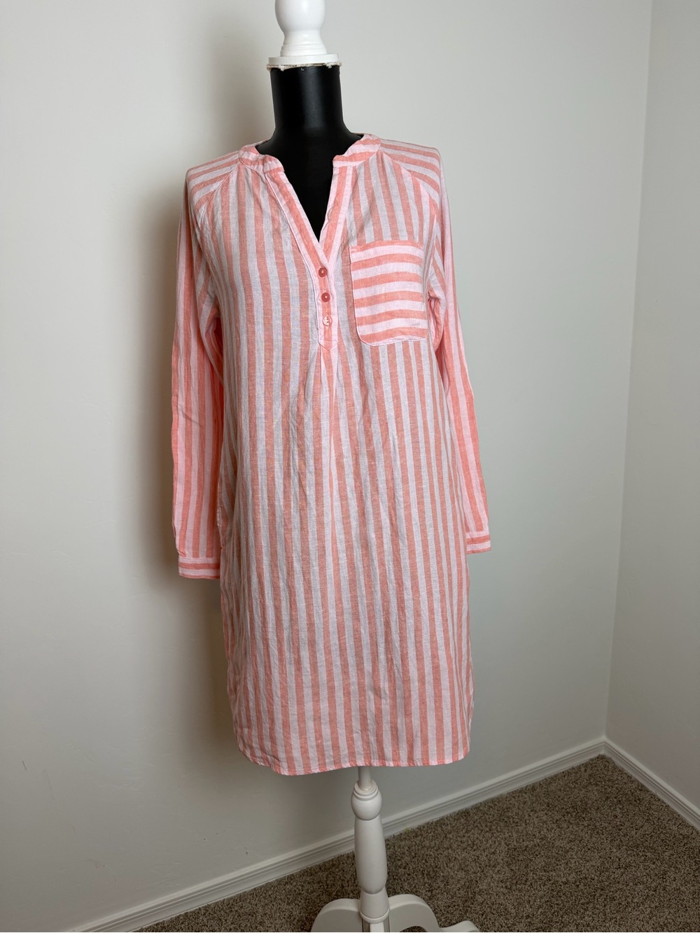 Martha Stewart Pink & White Striped Long Sleeve Henley Shift Dress size Small - Picture 2 of 7